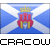 Pixelated icon featuring a red and gold emblem with crown atop, set against blue and white diagonal stripes; black text 'CRACOW' below.
