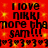 Red background with yellow sparkles, black text repeating 'I love NIKKI more than sam!!!' and heart symbols in two identical vertical