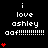 Pixelated text reads "i love ashley aaf!" with red hearts on black background, hearts animate in sequence across frames.
