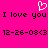 Pixelated pink background with white heart symbol above black text repeating "I love you" and date-stamped emoticons.