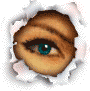 Four pixelated eye icons with torn paper borders, showing sequential expressions from open to closed and back.
