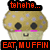 Pixelated cartoon muffin with blue spots, pink cheeks, and smiling face appears in four with changing text colors