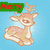 Pixelated reindeer with light brown fur and antlers sits against a blue background, displaying text above or below it.