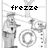 Pixelated grayscale animation of a man playing guitar with 'frezze' text, showing two states: one with 'frezze' and another with 'frezze!' plus partial cropping.