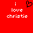 Red background with white pixelated text 'i love christie' and a black heart symbol above the left 'i'.