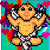 Pixelated baby figure with orange skin, holding white and black objects, surrounded by pink hearts on teal background with red cross.