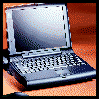 Four pixelated laptop images arranged in a , each showing different screen states and backgrounds