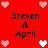 Red background with repeated 'Steven & April' text and heart symbols in white and pink.