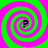 Four identical spiral patterns with alternating green and pink stripes, each containing a black question mark at the center.