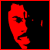 Red pixelated creature face with closed eye and open mouth against black background, framed by red border.