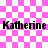 Pink and white checkered background with repeated text 'Katherine Katherine' and faint pink floral outlines.