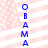 Blue pixelated text spelling 'OBAMA' vertically on a pink and white striped background with scattered dots.