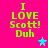 Bright pink background with green text reading "I LOVE Scott! Duh" and two star icons in cyan and purple.