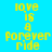 Yellow pixelated text 'love is a forever ride' on cyan background with white horizontal bars, animated to shift vertically
