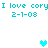 Cyan pixelated text 'I love cory' and date '2-1-08' repeated with cyan heart symbols appearing in different positions across observations.