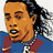Pixelated image of a person with long dark hair wearing blue and red clothing, next to a soccer ball and Nike swoosh logo on light background.
