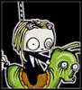 Pixelated cartoon character with large eyes and green hair hangs from a chain, riding a green worm-like creature against black background.