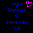 Pixelated text and symbols on black background with blue and pink elements, including 'Kyle' above a heart symbol.