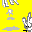 Pixelated white and gray skeletal figure on bright yellow background with scattered cloud shapes, showing multiple poses including standing, crouching, and arm extensions.