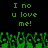 Green pixelated text and figures on black background with repeated phrase 'I no u love me!' in two