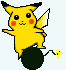 Yellow cartoon character with red cheek circles and black-tipped ears stands on a black sphere, displaying multiple poses