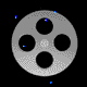A grayscale film reel icon rotates through multiple angles against a black background with scattered blue dots, transitioning from front view to side views and back.