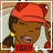 Pixelated cartoon character with red headscarf and yellow earrings in two animation frames showing mouth movement, labeled 'FOXY' on a red background.