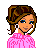 Pixel art contact sheet showing a female character's body parts and text phrases across multiple frames with pink, blue, white, and gray color scheme.