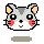 Pixel art hamster face with gray and white fur, black eyes, pink cheeks, and beige ears; two views show front-facing and side profile poses.