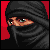 A pixel art character with a black headscarf covering all but the eyes and nose, set against a red background.