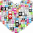 Heart-shaped collage of colorful pixelated icons with text overlays reading 'i', 'love', and 'music' in black block letters.