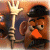 A pixelated image shows a character with a large orange nose, black hat, and dark clothing holding a golden fork-like object against a warm-toned background.