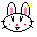 Pixel art bunny head with pink inner ears, red cheeks, pink nose, and yellow ear rings, showing two expressions side-by-side.