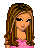 Pixel art contact sheet showing a female character in pink and black attire with multiple poses, accessories, and text elements on a transparent background.