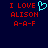 Dark blue background with red pixelated text reading "I LOVE ALISON A-A-F" and a cyan heart symbol replacing the 'O' in LOVE on one side.