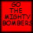 Red square icon with black pixelated text reading "GO THE MIGHTY BOMBERS" in four , displayed as a static image