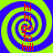 Four identical spiral with blue and green concentric rings, each containing vertical red text reading 'hi go to Hill' on a bright yellow-green background