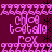 A static pixel art image with a dark purple background, featuring repeated pink and black text elements arranged in horizontal bands.