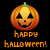 Pixelated orange pumpkin with triangular eyes, a small nose, and a wide smiling mouth, topped with a green stem, below which reads 'HAPPY HALLOWEEN!' in pixelated orange text on black background.