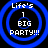 Four identical blue circular icons with concentric rings display 'Life's 1 BIG PARTY!!!' text on a black background.