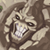 Pixelated static image of a cartoon animal face with open mouth showing teeth, brown and beige fur tones, dark eyes, and visible dithering artifacts on 256x256 canvas.