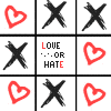 Red heart and black X symbols arranged in a pattern with 'LOVE...OR HATE' text appearing on some