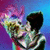Pixelated image of two figures in close embrace against a gradient background transitioning from purple to blue.