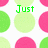Pixelated green text 'Just' and 'Smile' appear over a of pink and light-green circles on white background