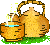 Four pixelated tea set arrangements with steaming cups and teapots on green grass against gray background.