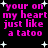 Black background with pink pixelated text reading 'your on my heart just like a tatoo' and white star shapes scattered throughout.