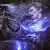Pixelated static image of a figure in blue and purple tones with glowing effects against dark background