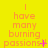 Yellow background with orange text reading "I have many burning passions" and varying punctuation marks across three of icons