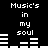 Black background with white pixelated text reading "Music's in my soul" and horizontal bar graphs below each phrase, showing two distinct animation states.