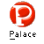 Red circular icon with white 'P' symbol above pixelated text reading 'Palace' on gray background.